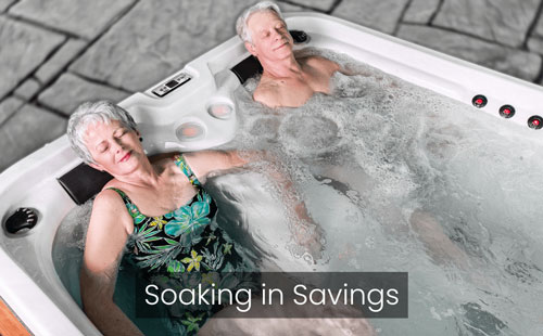 Soaking in Savings eldery couple relaxing in the hot tub